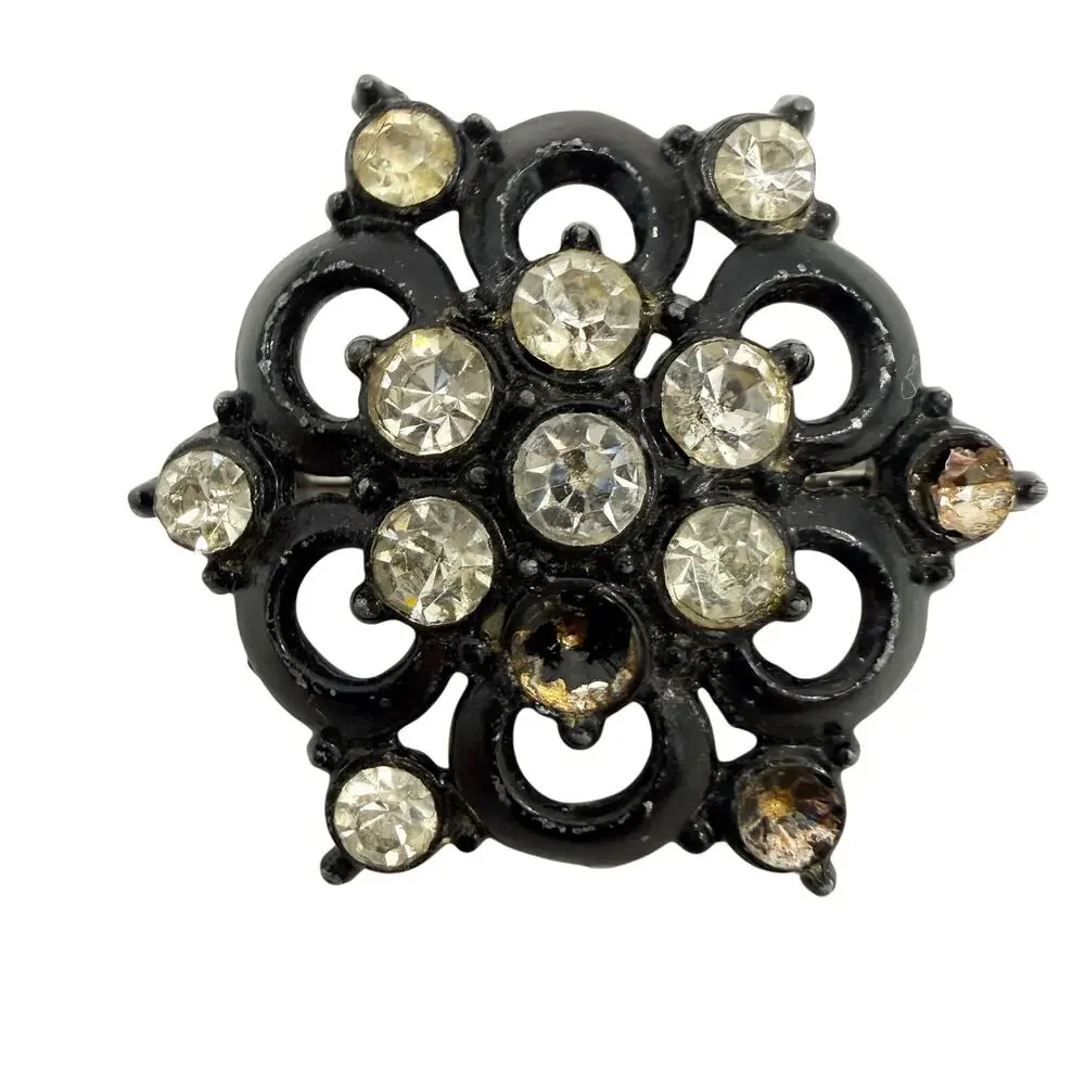 vintage black metal & clear rhinestones BROOCH jewelry pin